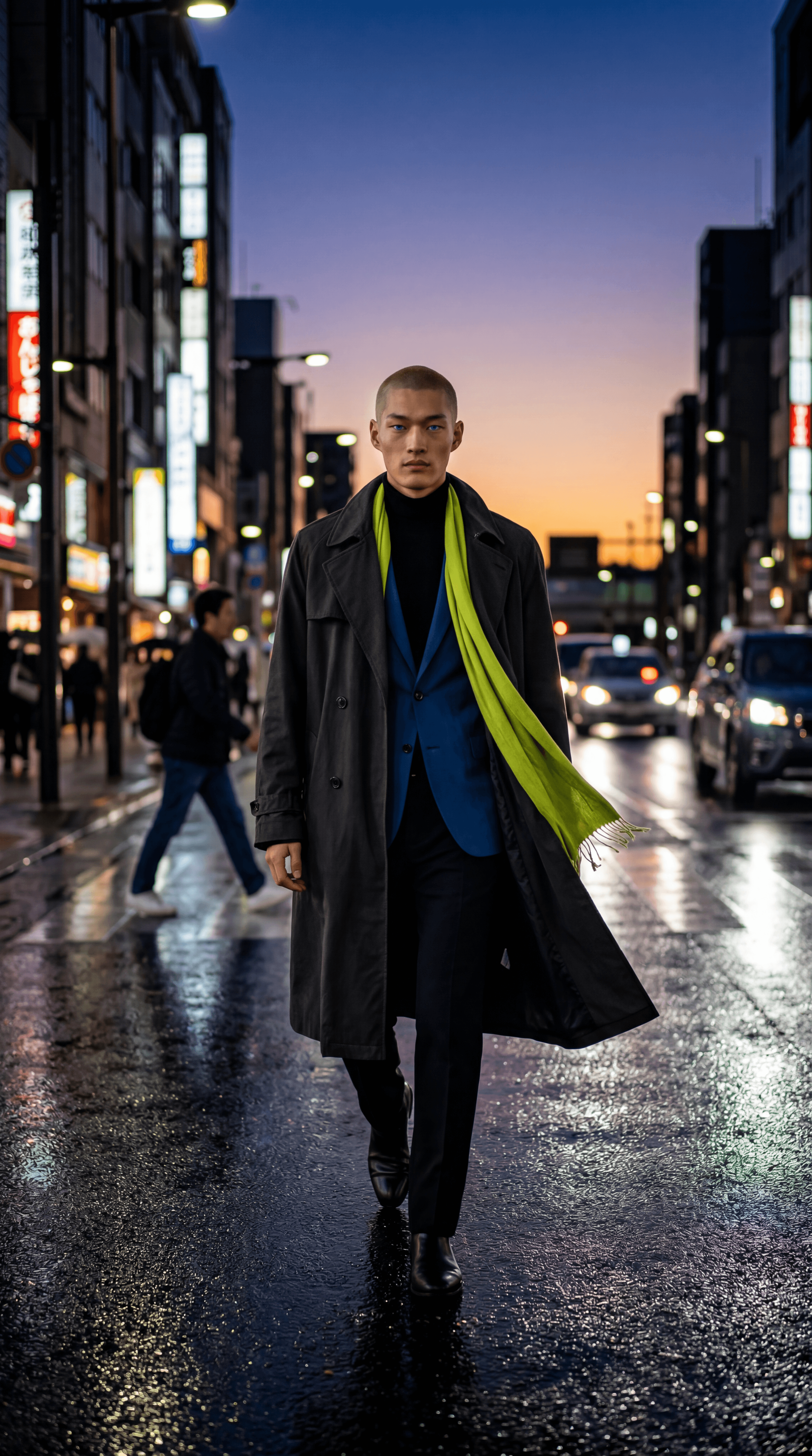 Bruce — Rain-wet city street, dark trench coat